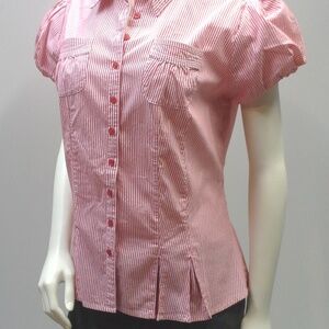 Pinup Girl Style Red White Stripe Short Sleeve Blouse Puff Sleeves Pleated Hem